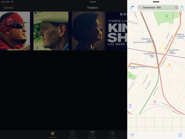 Hier wird Slide Over auf einem iPad Air 2 ausprobiert. Die Trailer-App von Apple erlaubt aber kein Split View. (Screenshot: Golem.de)