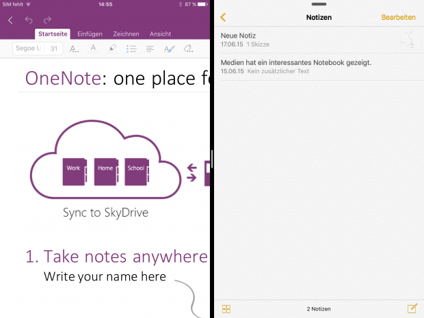 Notizen neben Notizen: Auch Microsofts Onenote unterst&uuml;tzt bereits Split View. (Screenshot: Golem.de)