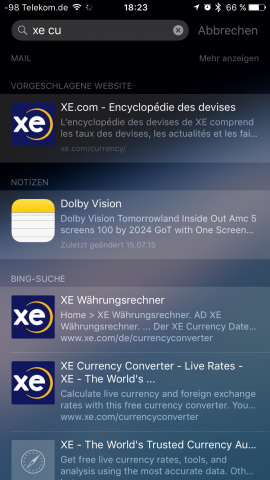 Die installierte Umrechnungs-App XE Currency wird unter iOS 9 nicht mehr gefunden. Mit iOS 8 gen&uuml;gte noch die Eingabe der Zeichenkette XE. (Screenshot: Golem.de)