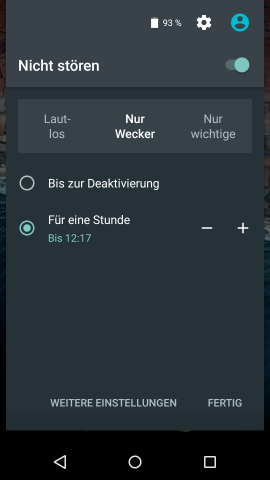 Nur-Wecker-Modus l&auml;sst sich in Marshmallow von den Schnelleinstellungen aus aktivieren. (Screenshot: Golem.de)