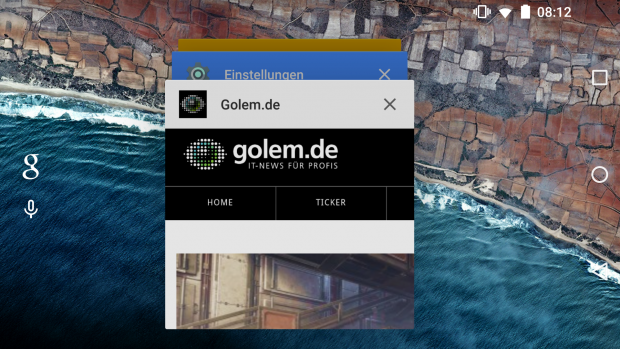 Die Task-&Uuml;bersicht im Querformat in Android 6.0 - sie kennt weiterhin keinen Befehl zum Bereinigen der Liste. (Screenshot: Golem.de)