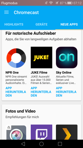 Empfehlungsbereich in der neuen Chromecast-App (Screenshot: Golem.de)