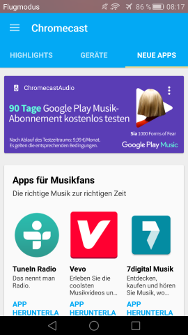 Empfehlungsseite in der Chromecast-App (Screenshot: Golem.de)