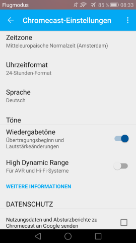 High Dynamic Range kann in den Einstellungen der Chromecast-App aktiviert werden. (Screenshot: Golem.de)