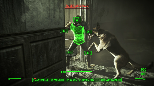 Dogmeat, unser Hund, h&auml;lt einen Gegner f&uuml;r uns auf Distanz. (Screenshot: Golem.de)
