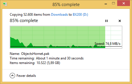 Nach sechs GByte an Daten ist der Pseudo-SLC-Puffer voll, die Schreibrate bricht ein (Screenshot: Marc Sauter/Golem.de)