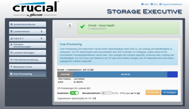 In der neuen Version der Storage Executive ist die Spare Area einstellbar (Screenshot: Marc Sauter/Golem.de)