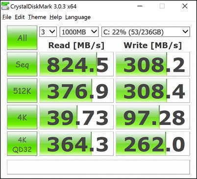 300 MByte schreibend pro Sekunde sind f&uuml;r eine PCIe-SSD lahm (Screenshot: Golem.de)