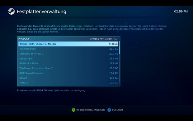 In der Festplattenverwaltung löschen wir Spiele. (Screenshot: Golem.de)