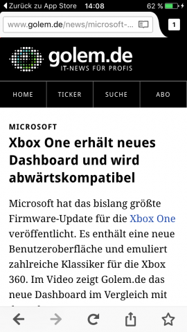Der Firefox für iOS sieht seinem Android-Pendant sehr ähnlich. (Bild: Screenshot Golem.de). 