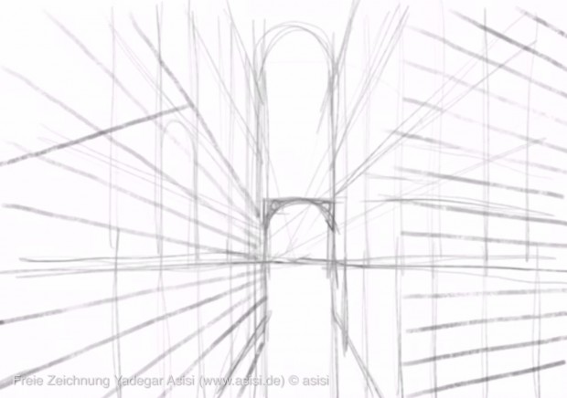 Yadegar Asisi zeichnet zu Beginn seiner Zeichnung eine Perspektive mit Bleistift vor. (Bild: Yadegar Asisi)