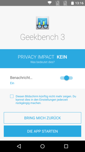 Die Privacy-Impact-Meldung der auf dem Fairphone 2 installierten Android-Version. In diesem Fall greift die App nicht auf Persönlichkeitsrechte zurück. (Screenshot: Golem.de)