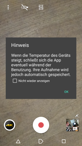 Das Xperia warnt vor einer hohen Hitze-Entwicklung bei der 4K-Videoaufnahme. (Screenshot: Golem.de)