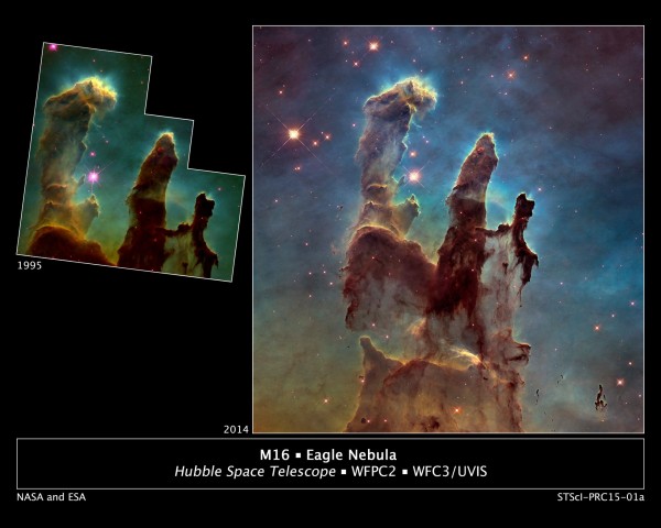 Die Säulen der Schöpfung im Adler-Nebel. Hubble hat die vor 20 Jahren entdeckte Formation noch mal in HD aufgenommen. (Bilder: Nasa/Esa/Hubble Heritage Team (STScI/AURA)/J. Hester, P. Scowen (Arizona State U.))