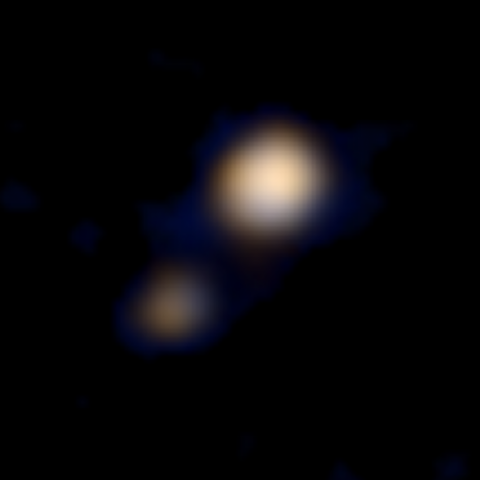Pluto und sein Mond Charon auf der ersten Farbaufnahme von New Horizons während des Anflugs auf das System (Bild: NASA/Johns Hopkins University Applied Physics Laboratory/Southwest Research Institute)