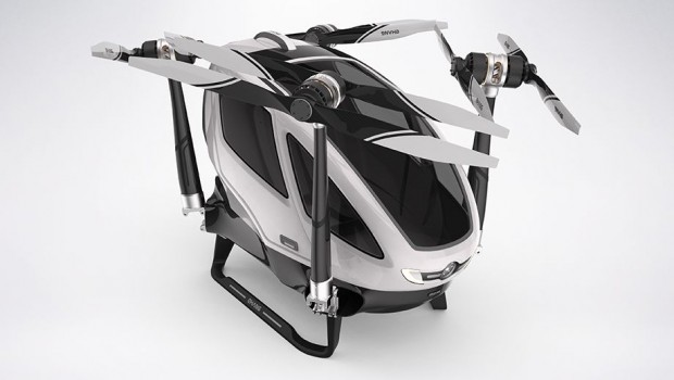 Werden die Rotoren eingeklappt, passt das Fluggerät auf einen herkömmlichen Parkplatz. (Bild: Ehang)