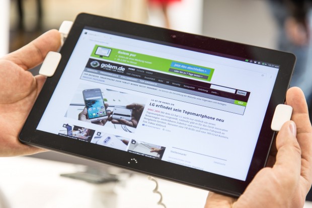 Das Tablet läuft mit Ubuntu 15.04 als Betriebssystem, hier im mobilen Modus. (Bild: Martin Wolf/Golem.de)