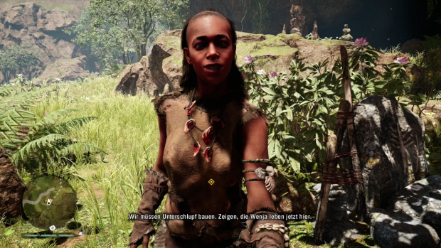 Die Figuren sprechen in einer Steinzeit-Sprache, dazu gibt es Untertitel. (Screenshot: Golem.de)