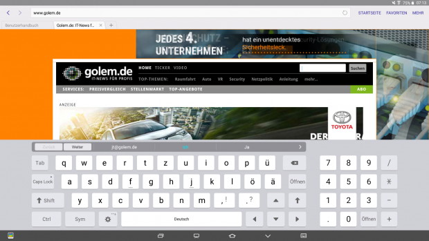 Die Bildschirmtastatur hat Umlaute und einen Zahlenblock. (Bild: Screenshot Golem.de)