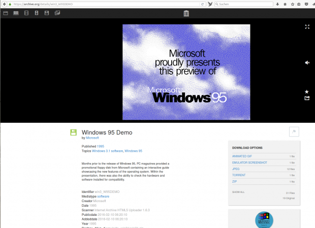Darunter ist auch eine Demo, die Windows 95 vorstellt. (Screenshot: Golem.de)