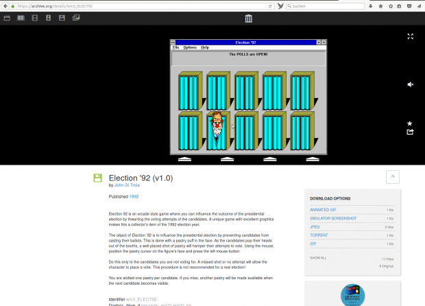 Beim Stöbern begibt man sich auf eine Zeitreise: Hier lassen sich die US-Präsidentschaftskandidaten von 1992 mit Torten bewerfen. (Screenshot: Golem.de)