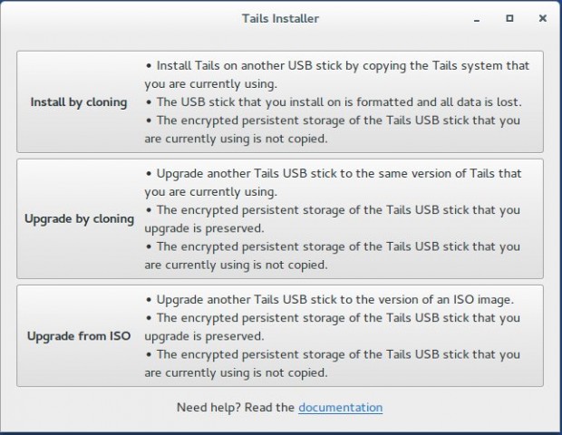 Diese Optionen bietet der Tails Installer, der bei Tails 2.0 mitgeliefert wird. (Screenshot: Jürgen Donauer)