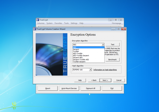 Die von Truecrypt angebotenen Verschl&uuml;sselungsalgorithmen hat ... (Screenshot: J&ouml;rg Thoma)
