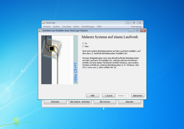 Hier will Veracrypt wissen, ob Linux auf dem gleichen Datenträger installiert ist wie Windows. (Screenshot: Jörg Thoma)
