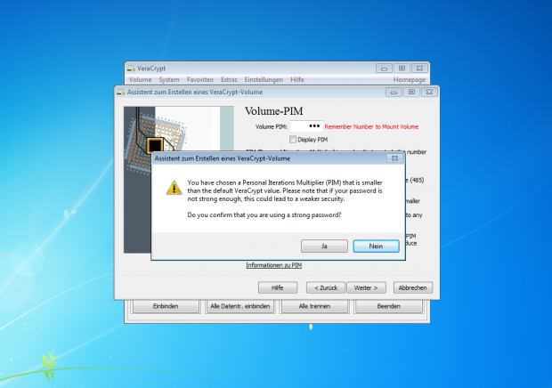 Hier kann der PIM festgelegt werden. Je kleiner die Zahl , desto schneller die Ladezeit. Allerdings sollte dann ein starkes und langes Kennwort gew&auml;hlt werden. (Screenshot: J&ouml;rg Thoma)