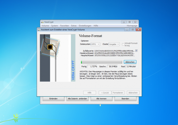 Nach einem Test, der einen Neustart erfordert, beginnt Veracrypt mit der Verschl&uuml;sselung. (Screenshot: J&ouml;rg Thoma)