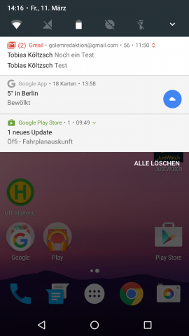 Klappen wir die Benachrichtigungsleiste von Android N auf, wird oberhalb der Benachrichtigungen die neue Schnelleinstellungsleiste sichtbar. (Screenshot: Golem.de)
