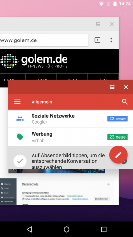 Zwei in schwebenden Fenstern ge&ouml;ffnete Apps (Screenshot: Golem.de)