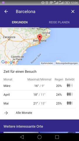 Bei Barcelona ist es unter anderem eine Karte sowie Informationen zum Wetter und zum Andrang in der Stadt. (Screenshot: Golem.de)
