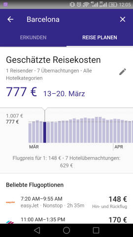 Unter "Reise planen" werden Flüge und Hotels angezeigt. (Screenshot: Golem.de)