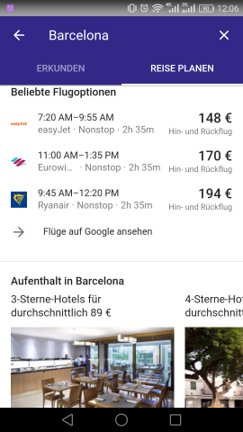 Buchen können wir hier aber nichts, und die Schaltfläche "Flüge auf Google ansehen" führt zu einer nutzlosen Google-Suche - hier besteht dringend Verbesserungsbedarf. (Screenshot: Golem.de)