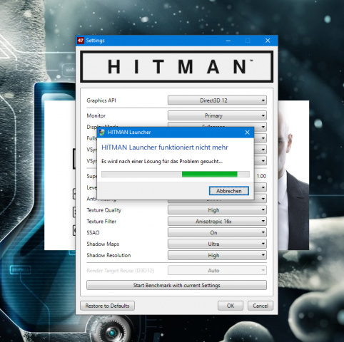 Hitman st&uuml;rzt teils im Launcher ab (Screenshot: Marc Sauter/Golem.de)