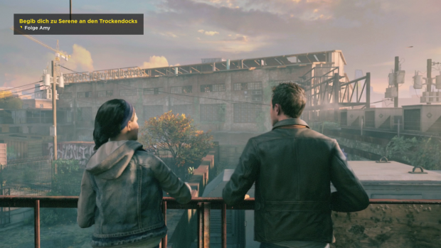 Zusammen mit einer Verbündeten blicken wir über einen Güterbahnhof - auf dem es gleich zum Kampf kommt. (Screenshot: Golem.de)