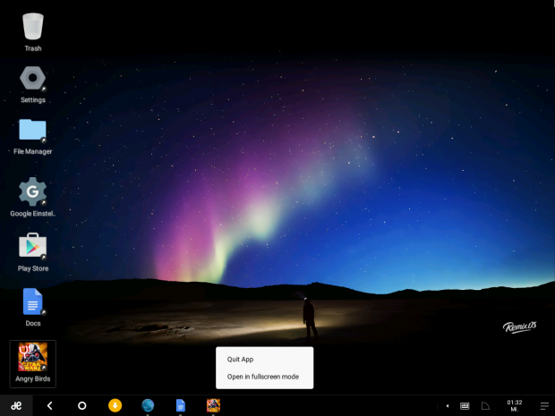 Remix OS bringt auch ein Kontextmen&uuml; mit, das allerdings bislang nur ...