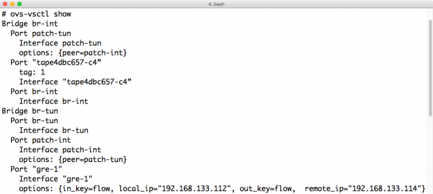 Open vSwitch legt auf den SDN-Hosts virtuelle Switches an, deren Konfiguration mittels "ovs-vsctl show" einsehbar ist. (Screenshot: Martin Loschwitz)