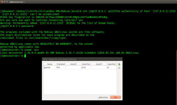 Nach erfolgreicher Installation l&auml;sst sich Debian in der virtuellen Maschine per SSH steuern. (Screenshot: J&ouml;rg Thoma)