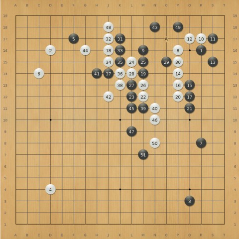 Lee Sedol (schwarz) gegen Alpha Go (Wei&szlig;), Zug 51 (Screenshot: Frank Wunderlich-Pfeiffer)