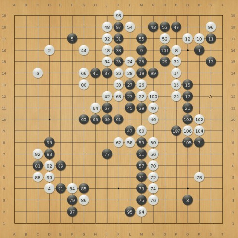 Lee Sedol (schwarz) gegen Alpha Go (Wei&szlig;), Zug 108 (Screenshot: Frank Wunderlich-Pfeiffer)