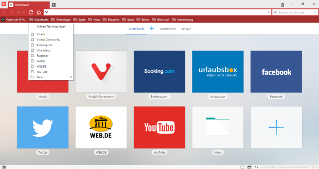Vivaldis Lesezeichenleiste mit geöffnetem Lesezeichenordner (Screenshot: Golem.de)