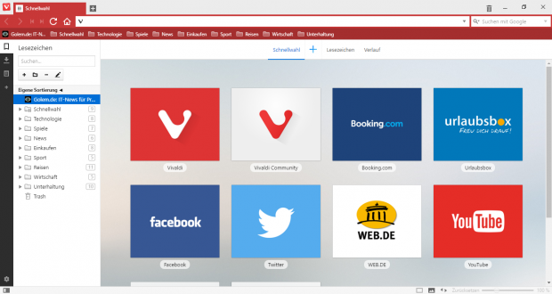 In einem Panel an der Seite werden die Vivaldi-Lesezeichen verwaltet. (Screenshot: Golem.de)