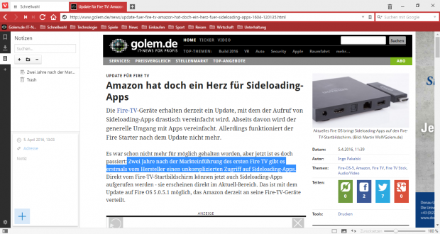 Vivaldi kann Notizen zu Webseiten speichern. (Screenshot: Golem.de)