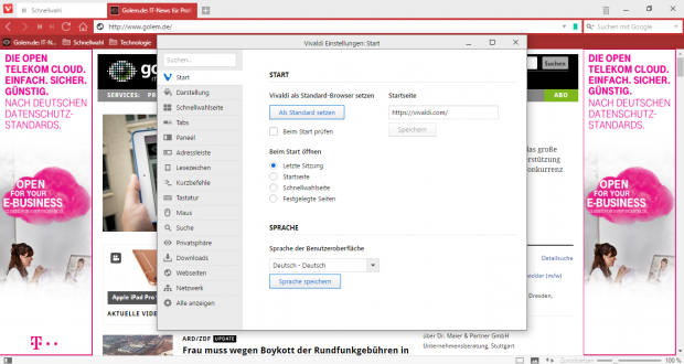Das Startverhalten von Vivaldi kann umfangreich angepasst werden. (Screenshot: Golem.de)