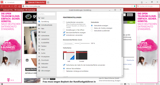 Es sind viele Anpassungen an Vivaldis Optik möglich. (Screenshot: Golem.de)