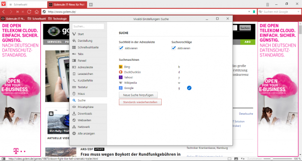Suchmaschinen können bequem in Vivaldi eingefügt werden. (Screenshot: Golem.de)