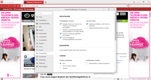 Umfangreich kann die Privatsphäre in Vivaldi konfiguriert werden. (Screenshot: Golem.de)