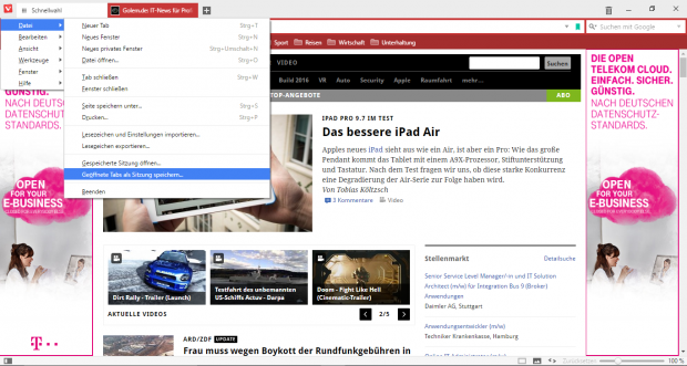 Vivaldi unterstützt Browser-Sitzungen. (Screenshot: Golem.de)